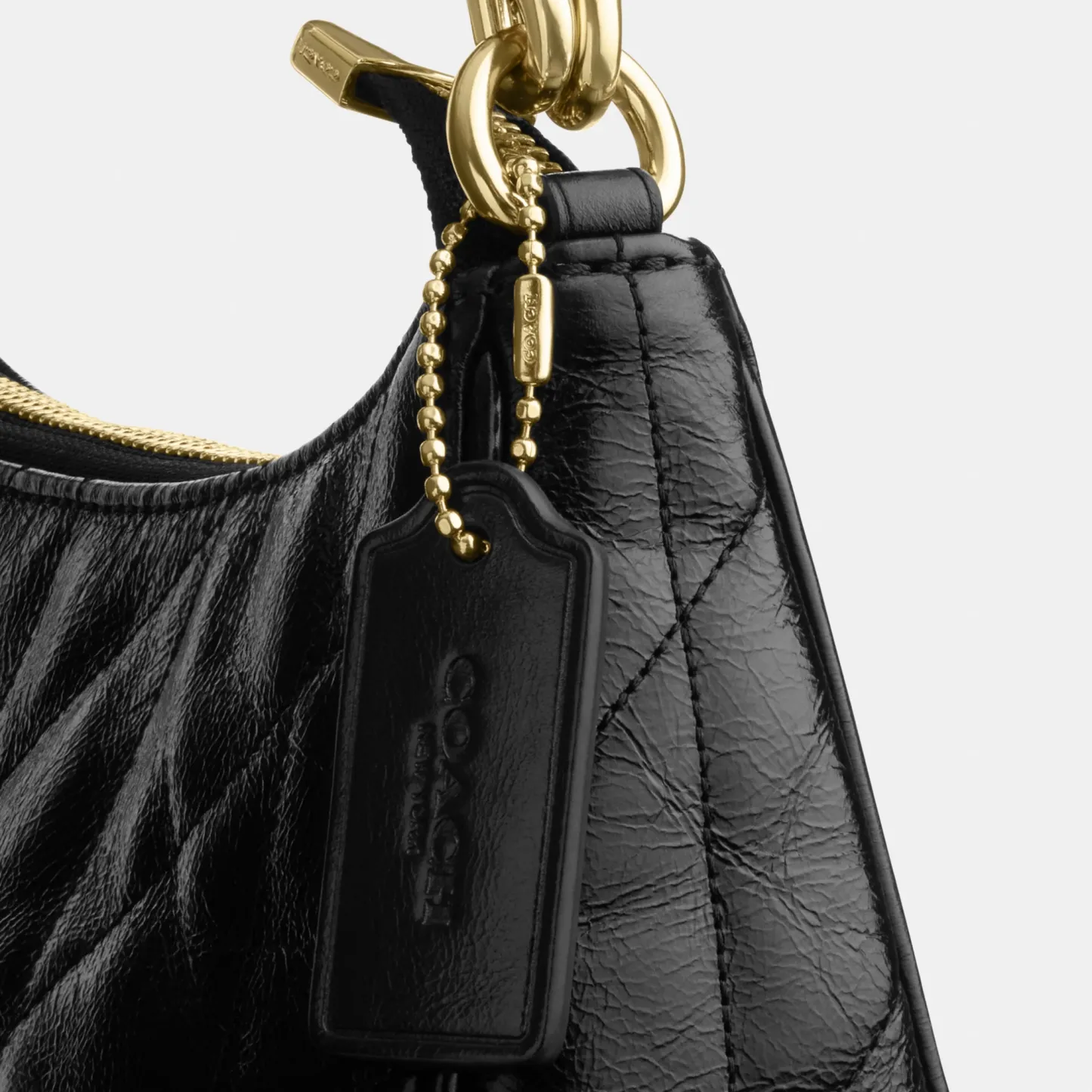 COACH®,Teri Shoulder Bag With Quilting,Recycled Polyester,Leather,Shoulder Bag,Metal,Logo,Silver Metal,Casual,Black,Closer View