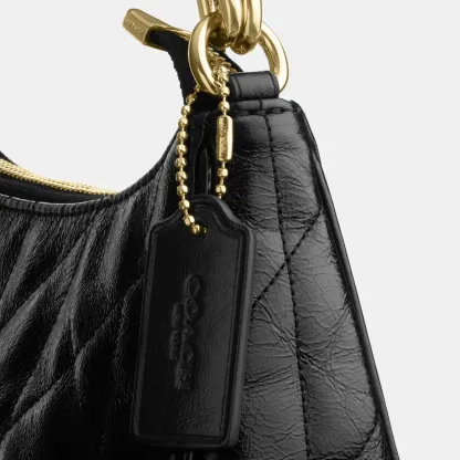 COACH®,Teri Shoulder Bag With Quilting,Recycled Polyester,Leather,Shoulder Bag,Metal,Logo,Silver Metal,Casual,Black,Closer View