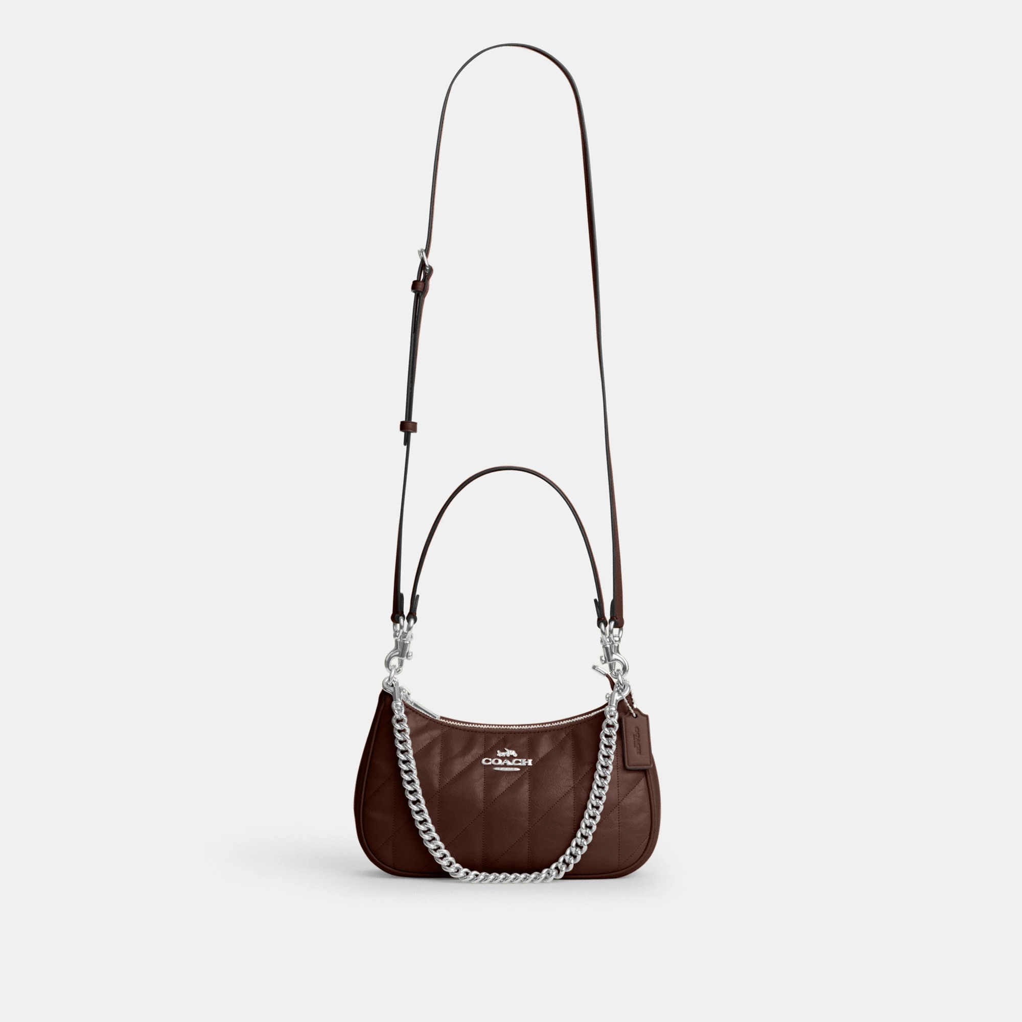 COACH®,Teri Shoulder Bag With Quilting,Recycled Polyester,Leather,Shoulder Bag,Metal,Logo,Silver Metal,Casual,Brown
