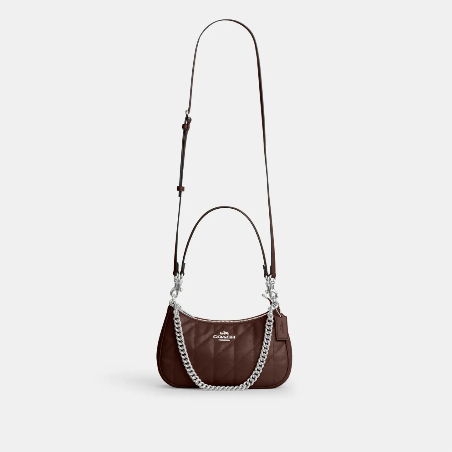 COACH®,Teri Shoulder Bag With Quilting,Recycled Polyester,Leather,Shoulder Bag,Metal,Logo,Silver Metal,Casual,Brown