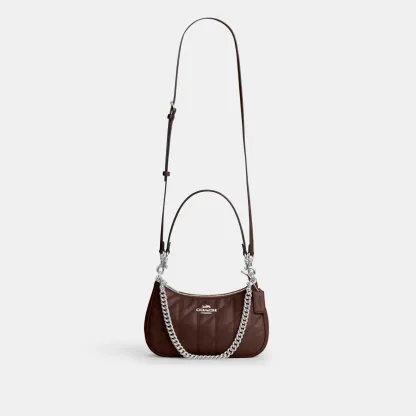 COACH®,Teri Shoulder Bag With Quilting,Recycled Polyester,Leather,Shoulder Bag,Metal,Logo,Silver Metal,Casual,Brown