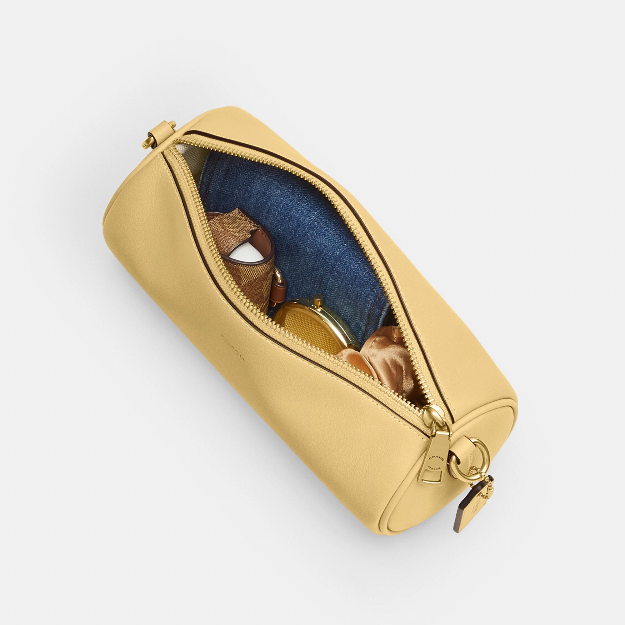 COACH®,Barrel Bag,Cotton,Leather,Barrel Bag,Pendant,Sustainable,Lined,Gold Metal,Day Party,Yellow,Inside View,Top View