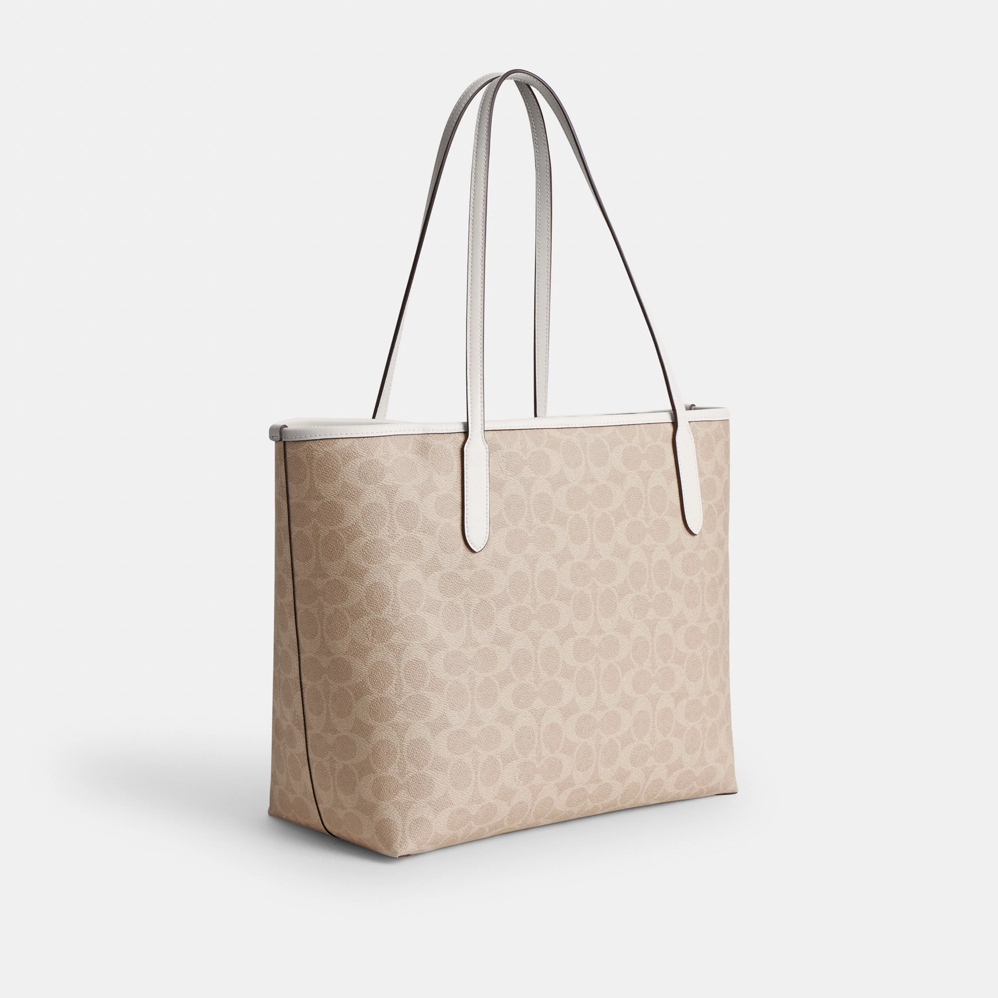 COACH®,City Tote Bag In Signature Canvas,Tote,Metal,Tag Embellishment,Color Block,Embossed,Piping,Logo,Casual,Beige,Angle View