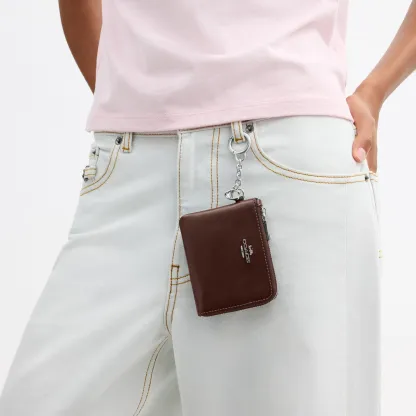 COACH®,Small Corner Zip Wallet,Leather,Coin,Metal Material,Logo,Silver Metal,Casual,Brown,Detail View