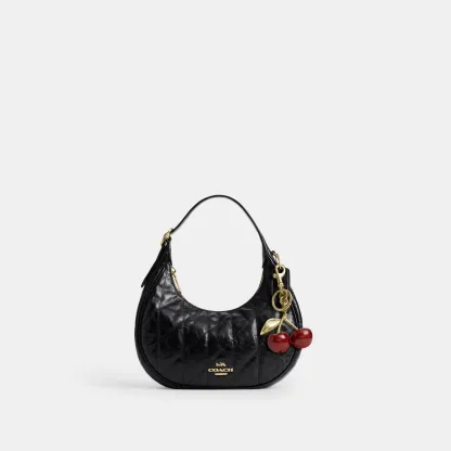 COACH®,Emily Shoulder Bag With Quilting,Recycled Polyester,Leather,Hobo,Pendant,Metal,Sustainable,Adjustable,Gold Metal,Da...,Black,Angle View
