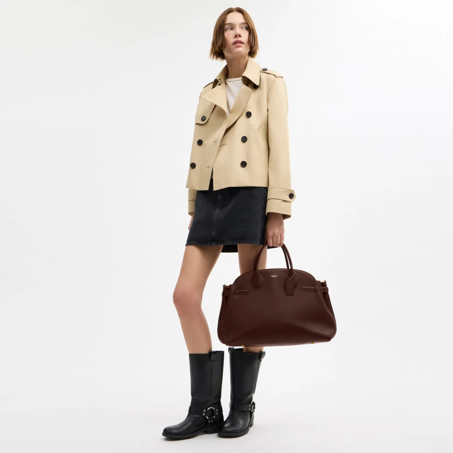 COACH®,Soft Empire Carryall Bag 40,Leather,Carryall,Logo,Gusset,Gold Metal,Work,Brown,Detail View