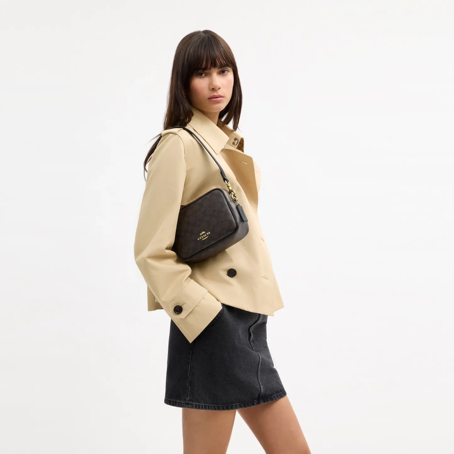 COACH®,Mini Carey Crossbody Bag In Signature Canvas,Polyester,Leather,Canvas,Crossbody,Metal Material,Logo,Metal,Piping,Pe...,Brown,Detail View