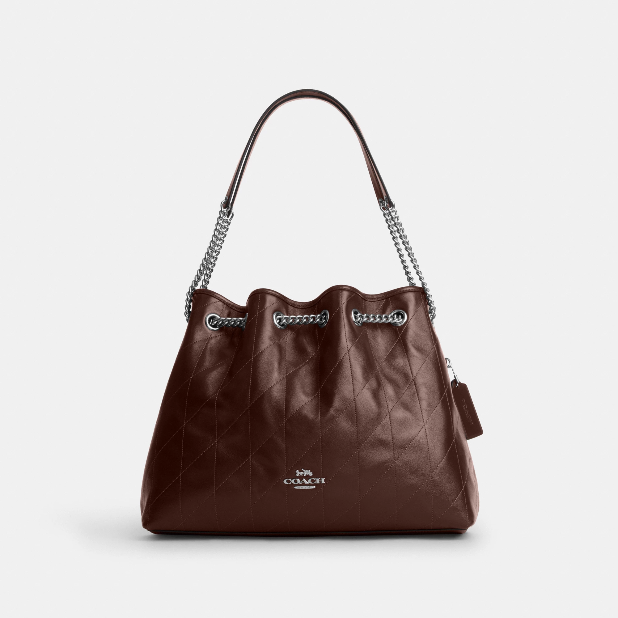 COACH®,Evelyn Shoulder Bag With Quilting,Leather,Bucket,Metal,Logo,Gold Metal,Day Party,Brown,Front View