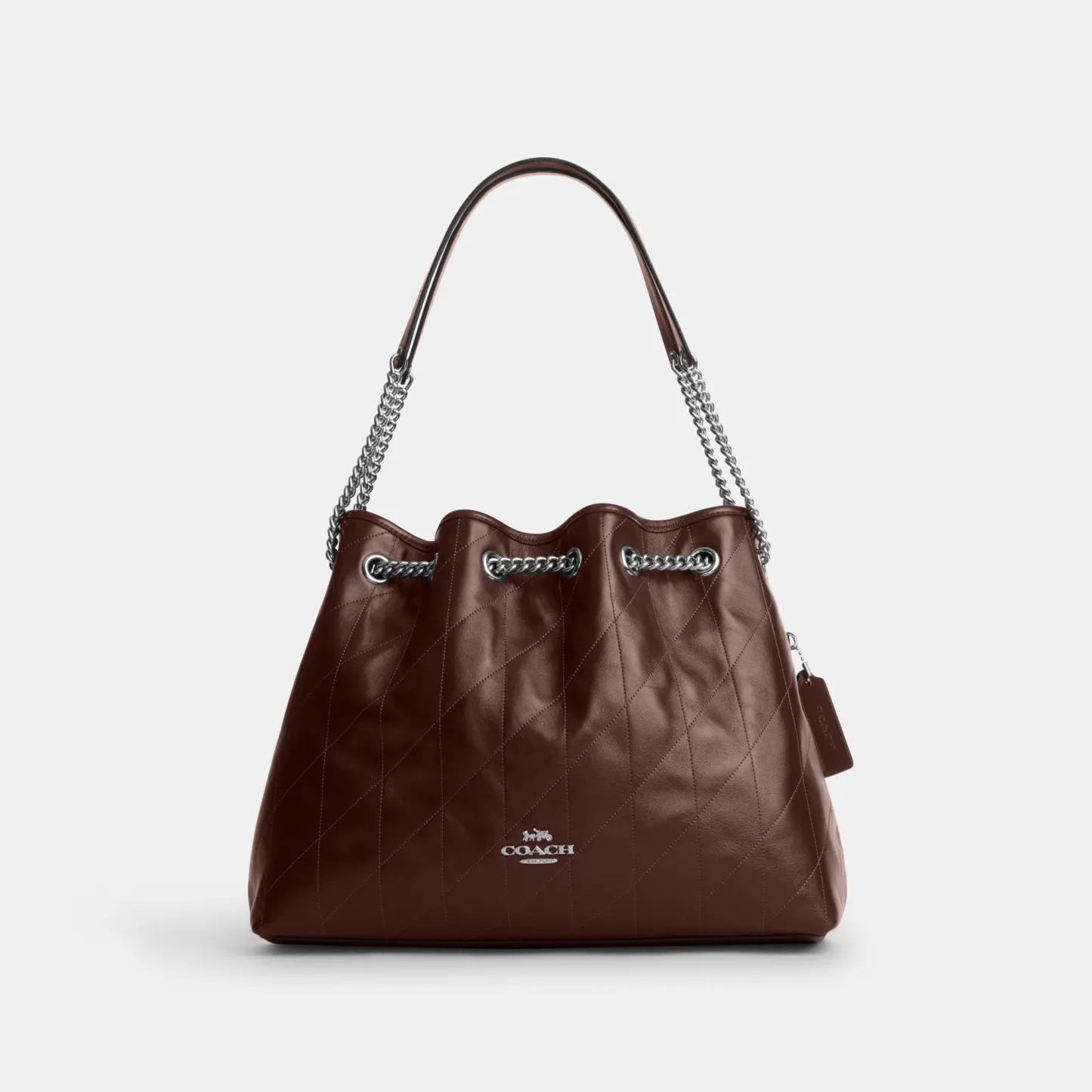 COACH®,Evelyn Shoulder Bag With Quilting,Leather,Bucket,Metal,Logo,Gold Metal,Day Party,Brown,Front View
