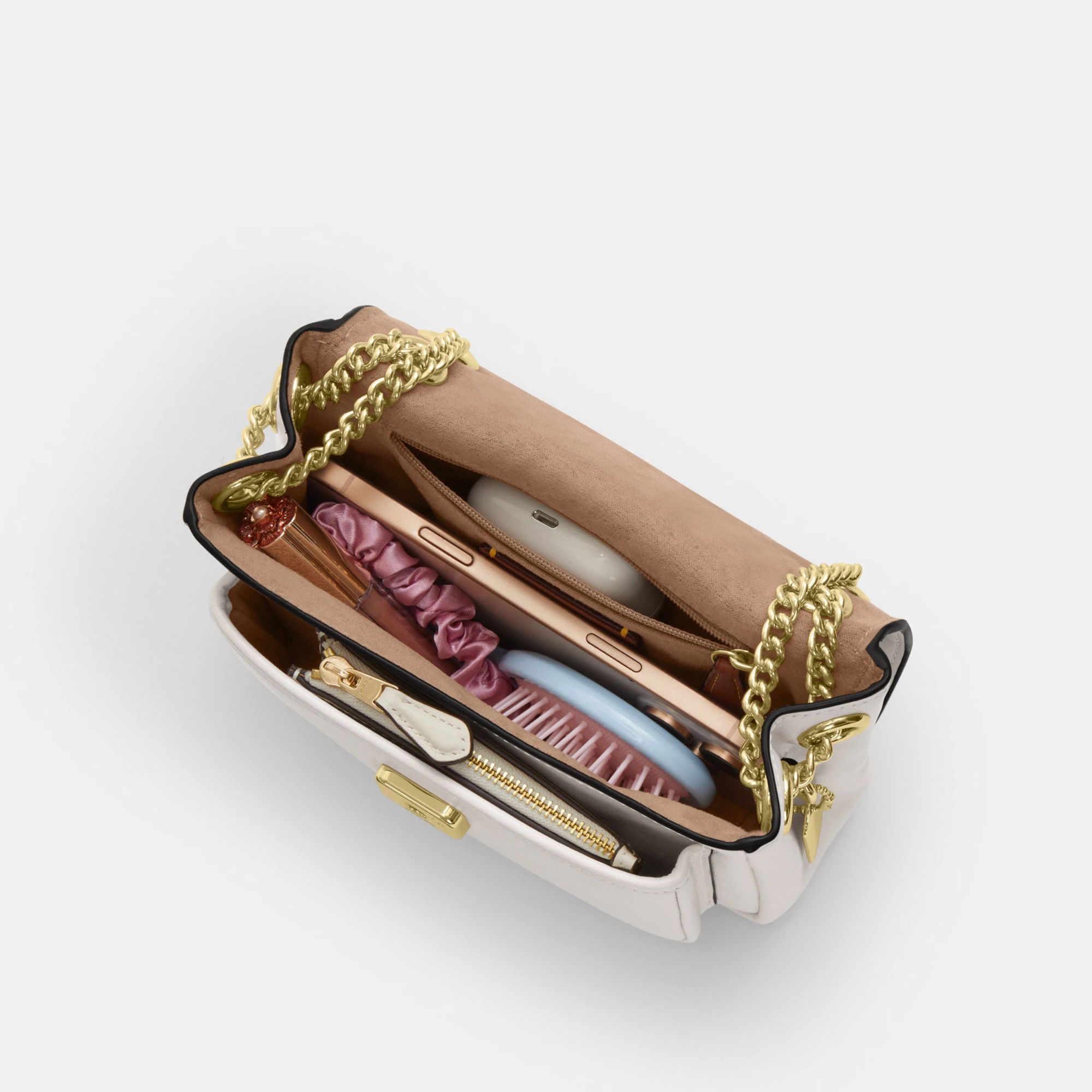 COACH®,Elodie Crossbody Bag 18,Leather,Recycled Polyester,Crossbody,Logo,Sustainable,Adjustable,Silver Metal,Casual,Cream,Inside View,Top View