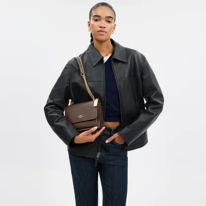 COACH®,Klare Crossbody Bag,Calfskin Leather,Leather,Crossbody,Metal,Logo,Luggage Tag,Adjustable,Lined,Compact,Gold Metal,D...,Brown,Detail View