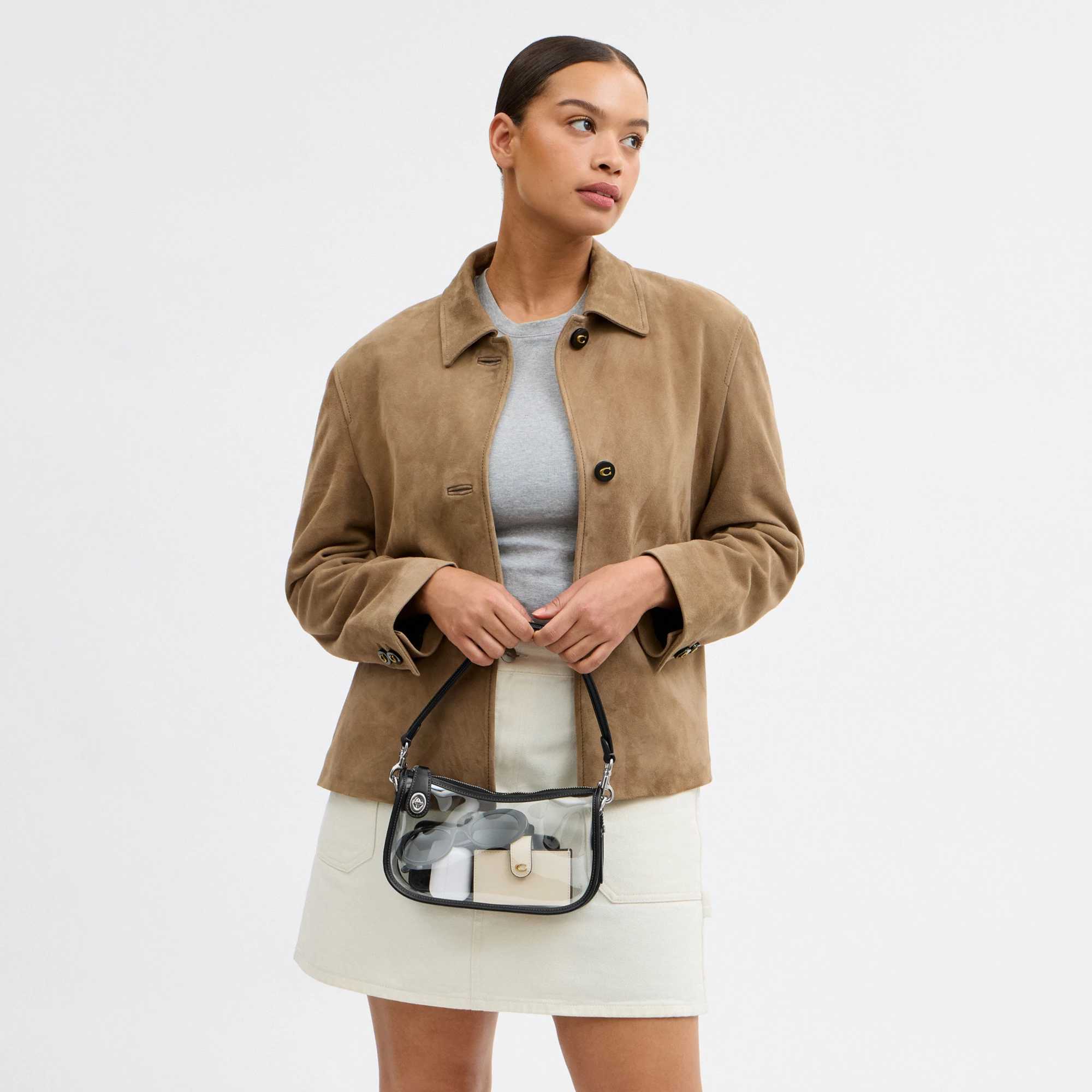 COACH®,Stadium Swinger Bag,Leather,Shoulder Bag,Sheer,Piping,Applique,Casual,White,Detail View