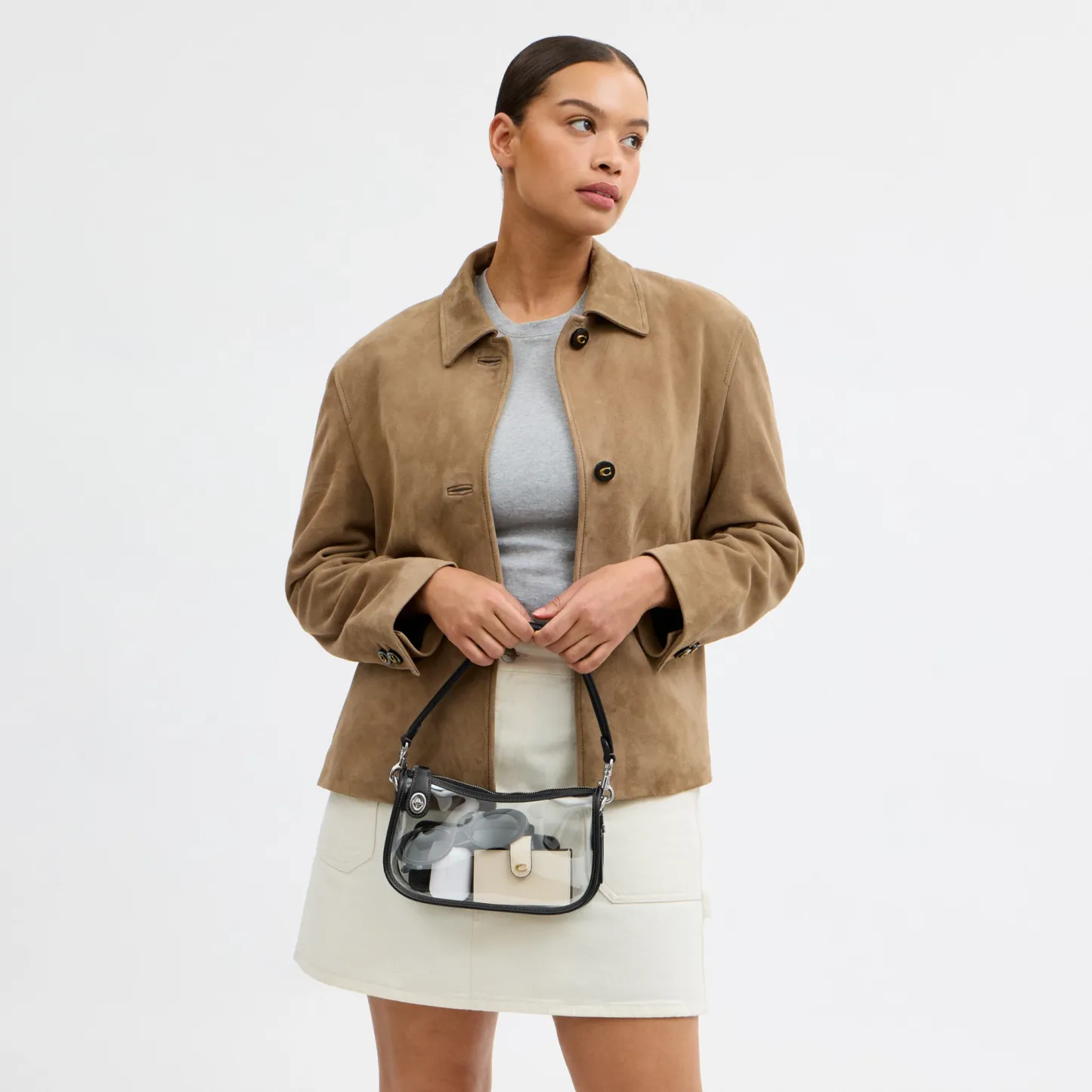 COACH®,Stadium Swinger Bag,Leather,Shoulder Bag,Sheer,Piping,Applique,Casual,White,Detail View