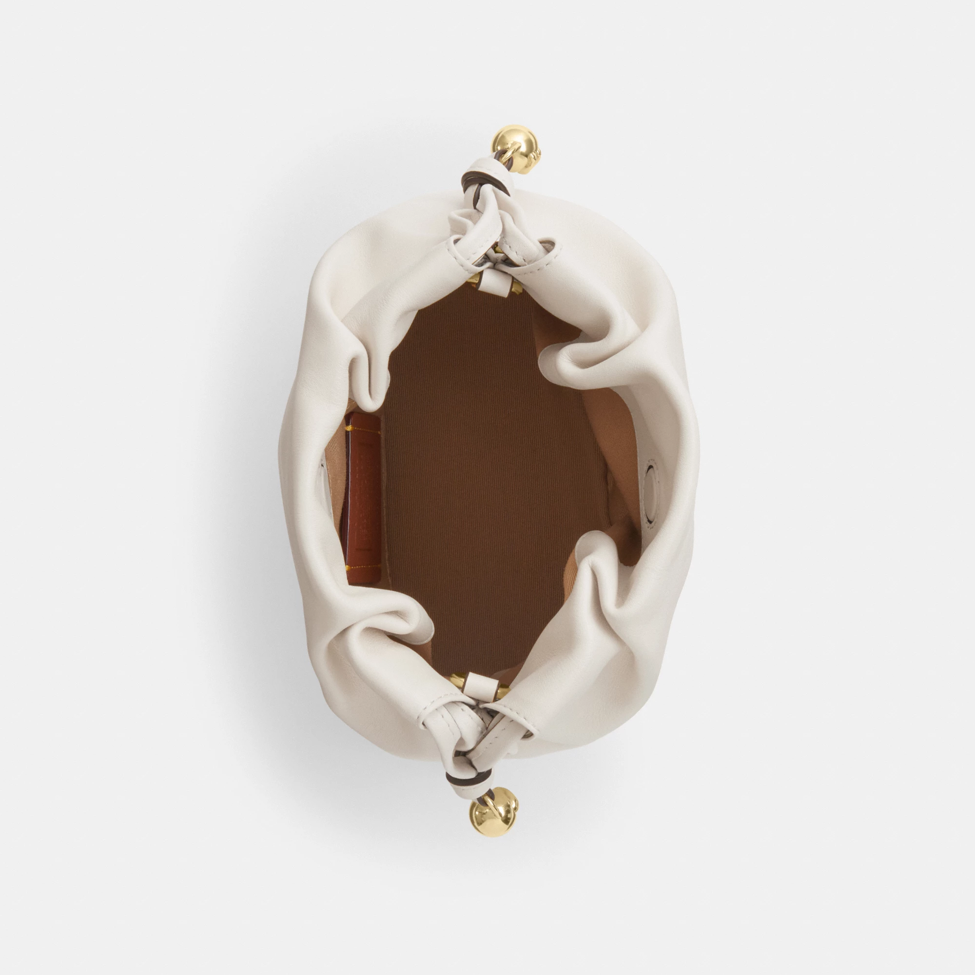 COACH®,Faye Mini Drawstring Bag,Leather,Bucket,Logo,Metal,Silver Metal,Day Party,White,Inside View,Top View