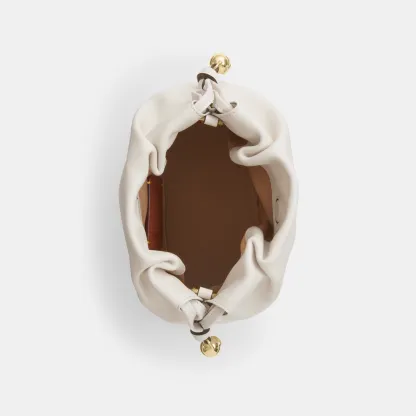 COACH®,Faye Mini Drawstring Bag,Leather,Bucket,Logo,Metal,Silver Metal,Day Party,White,Inside View,Top View