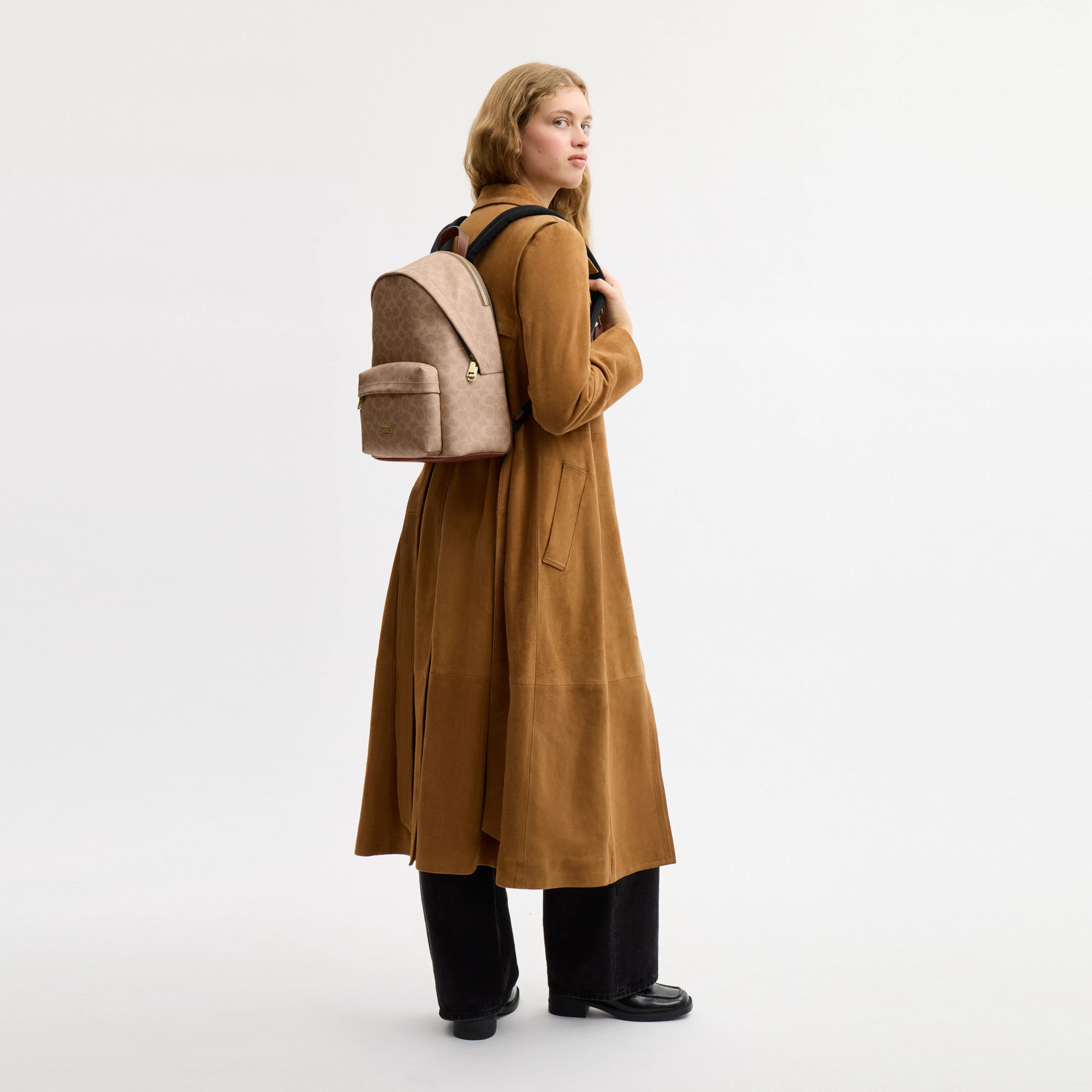 COACH®,Taylor Small Backpack In Signature Canvas,Recycled Polyester,Canvas,Backpack,Metal,Logo,Adjustable,Gold Metal,Casual,,Detail View
