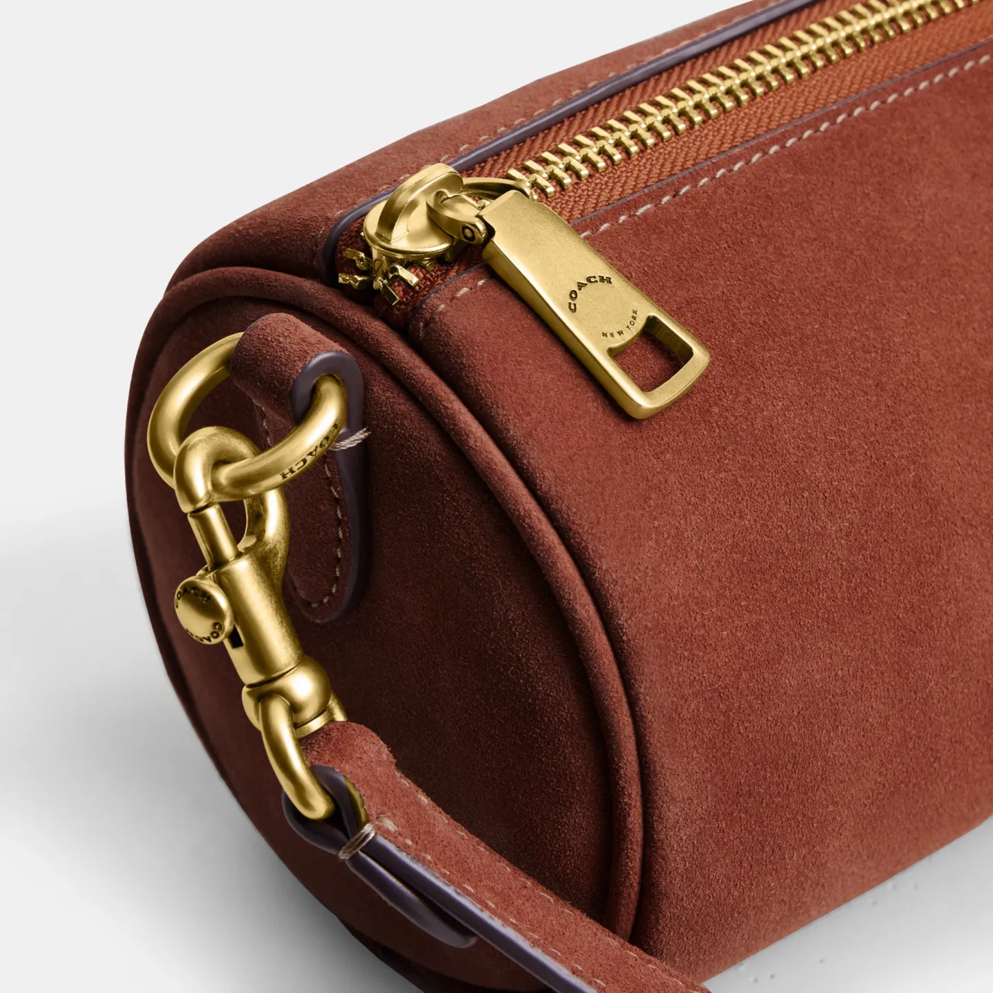 COACH®,Barrel Bag,Calfskin Leather,Suede,Barrel Bag,Pendant,Lined,Adjustable,Brass,Casual,Brown,Closer View