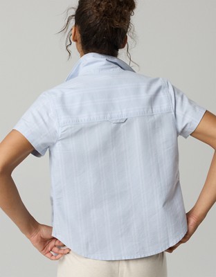 OFFLINE By Aerie Oxford Slim Short Sleeve Button Up Shirt - Eyelet Blue