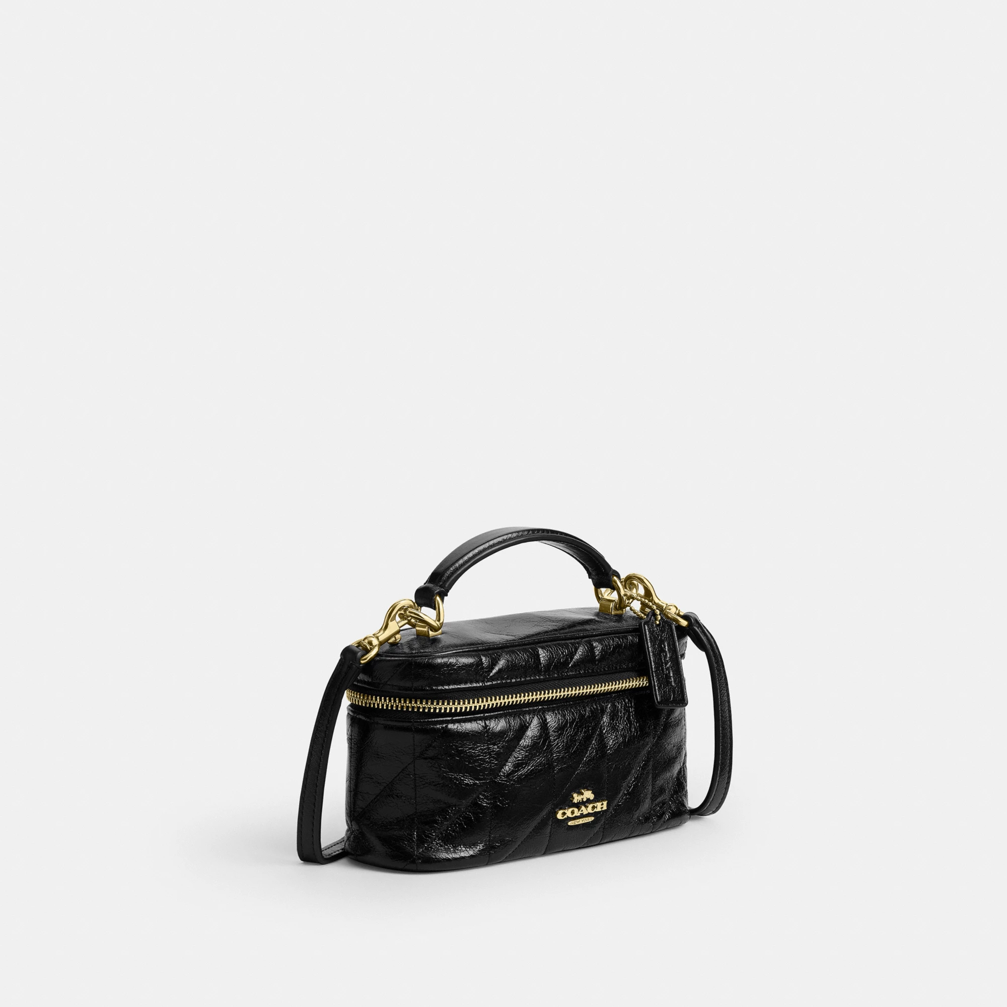 COACH®,Rainer Crossbody Bag 18 With Quilting,Recycled Polyester,Leather,Crossbody,Logo,Quilted,Sustainable,Adjustable,Gold...,Black,Angle View