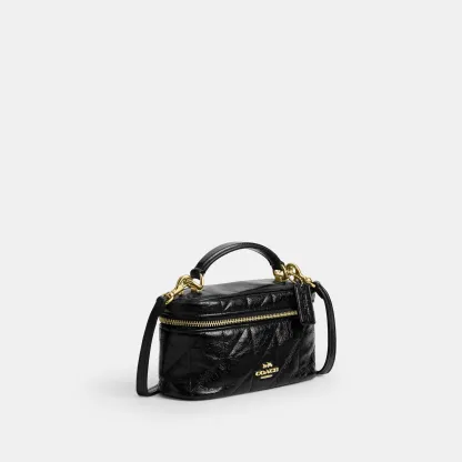COACH®,Rainer Crossbody Bag 18 With Quilting,Recycled Polyester,Leather,Crossbody,Logo,Quilted,Sustainable,Adjustable,Gold...,Black,Angle View