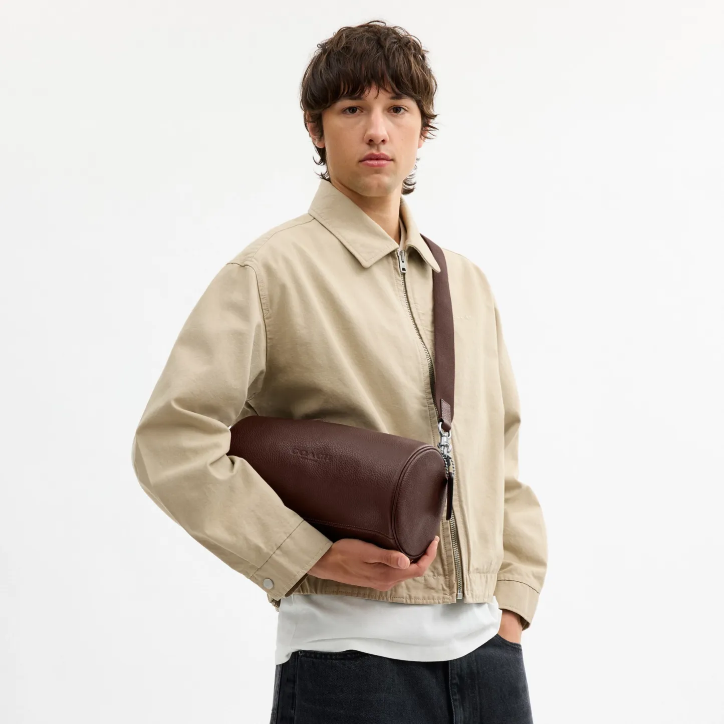 COACH®,Andre Barrel Bag 30,Leather,Recycled Polyester,Barrel Bag,Adjustable,Sustainable,Convertible,Durable Fabric,Silver ...,Brown,Detail View