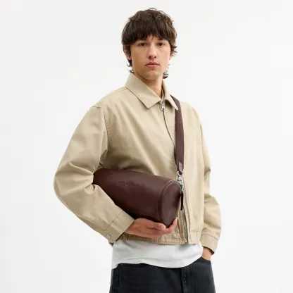 COACH®,Andre Barrel Bag 30,Leather,Recycled Polyester,Barrel Bag,Adjustable,Sustainable,Convertible,Durable Fabric,Silver ...,Brown,Detail View