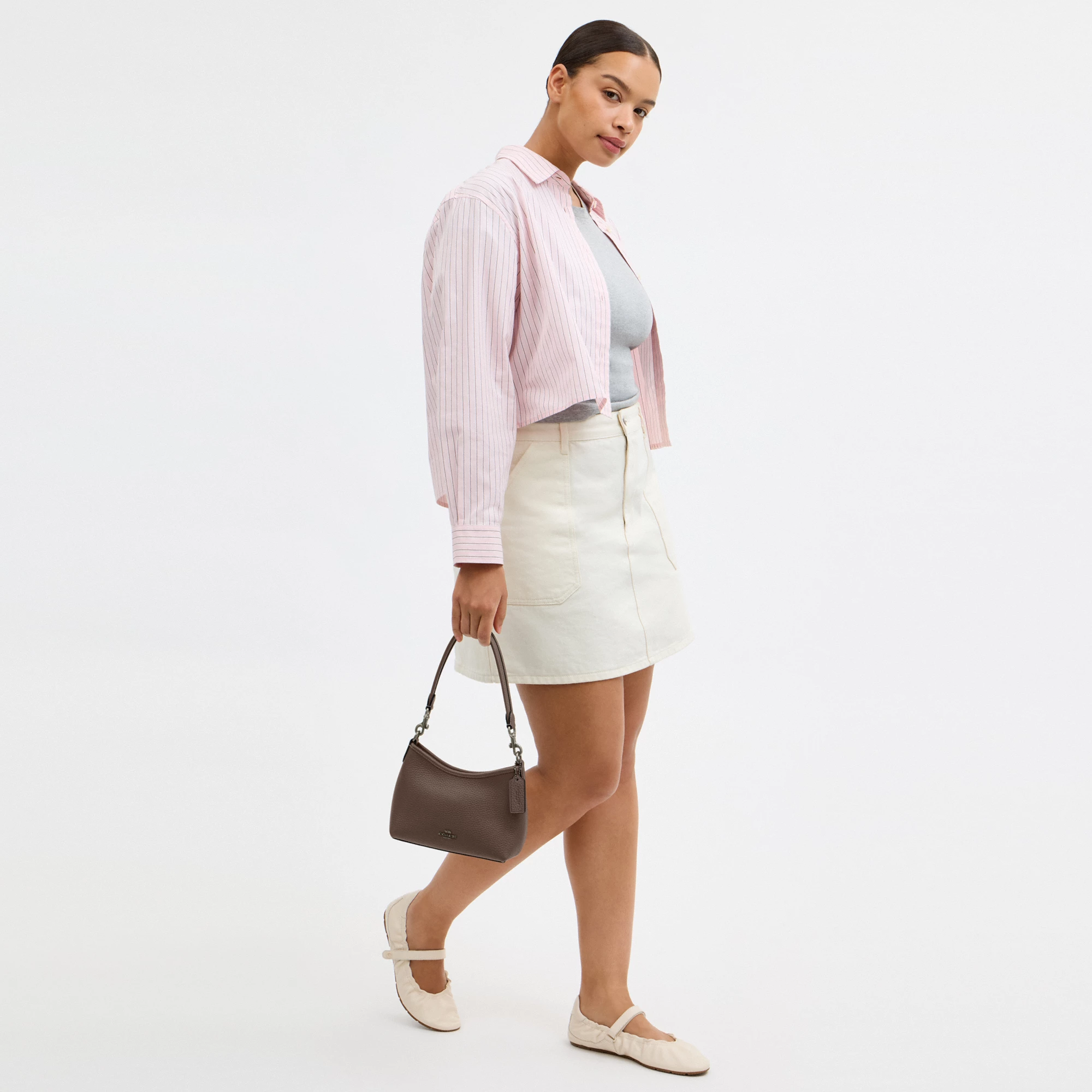 COACH®,Laurel Small Shoulder Bag,Leather,Shoulder Bag,Metal,Logo,Gold Metal,Casual,Brown,Detail View