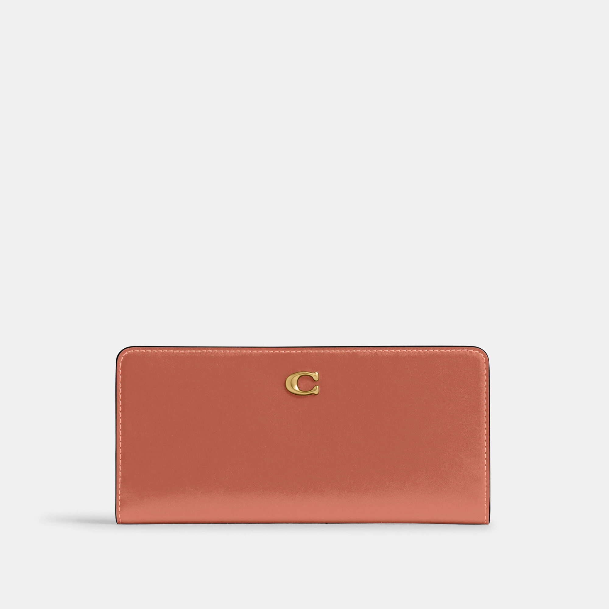 COACH®,Essential Slim Wallet,Leather,Continental,Bi Fold,Logo,Metal,Casual,Brown,Front View
