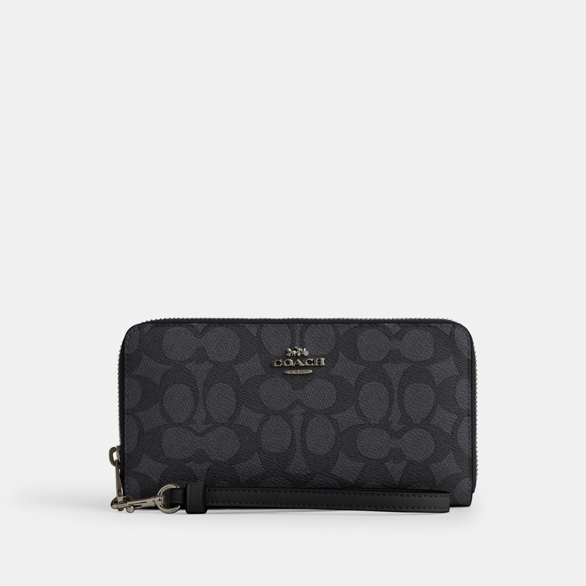 COACH®,Long Zip Around Wallet In Signature Canvas,Continental,Coin,Sustainable,Casual,Gray,Front View