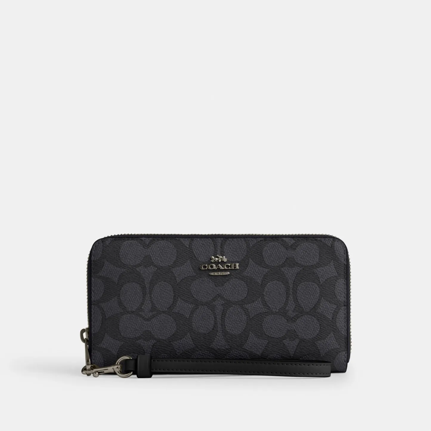COACH®,Long Zip Around Wallet In Signature Canvas,Continental,Coin,Sustainable,Casual,Gray,Front View