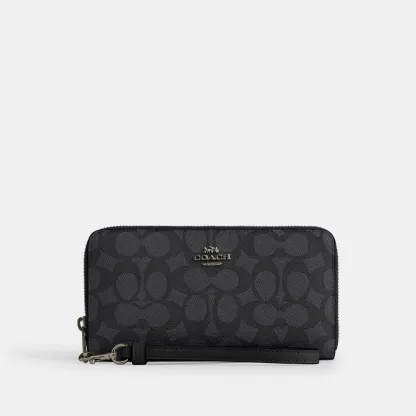 COACH®,Long Zip Around Wallet In Signature Canvas,Continental,Coin,Sustainable,Casual,Gray,Front View