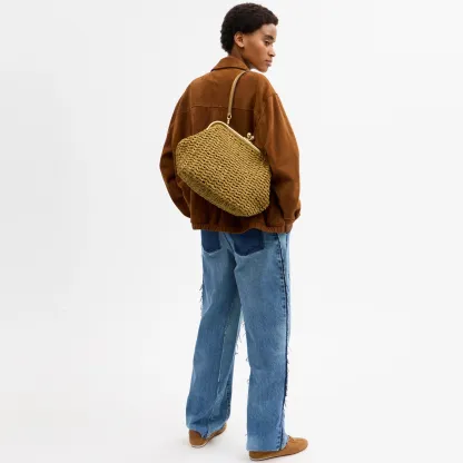 COACH®,Kisslock Frame Bag 27,Cotton,Calfskin Leather,Clutch,Metal Material,Straw,Pendant,Lined,Brass,Day Party,Beige,Detail View