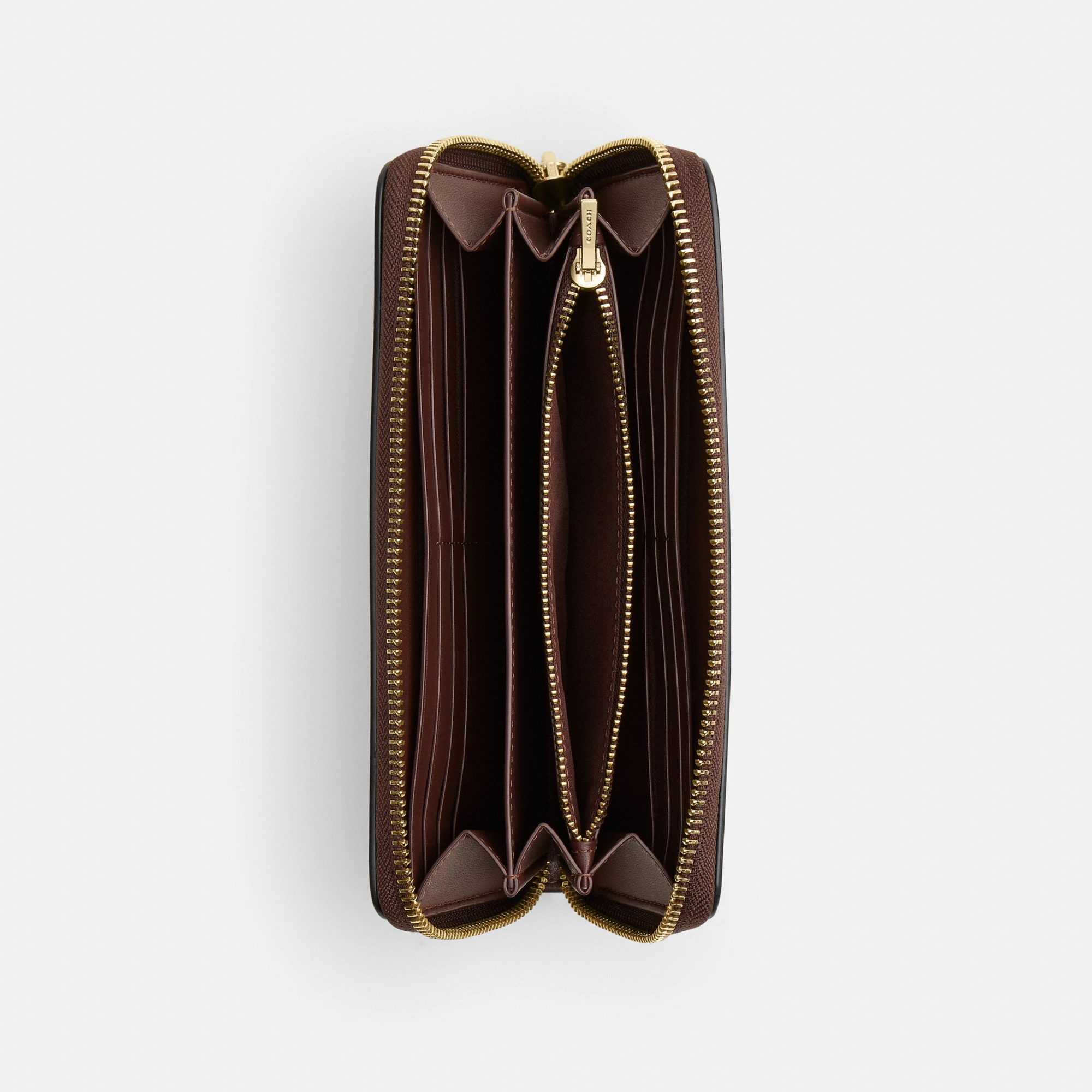 COACH®,Long Zip Around Wallet,Leather,Wristlet,Continental,Logo,Metal,Casual,Brown,Inside View,Top View