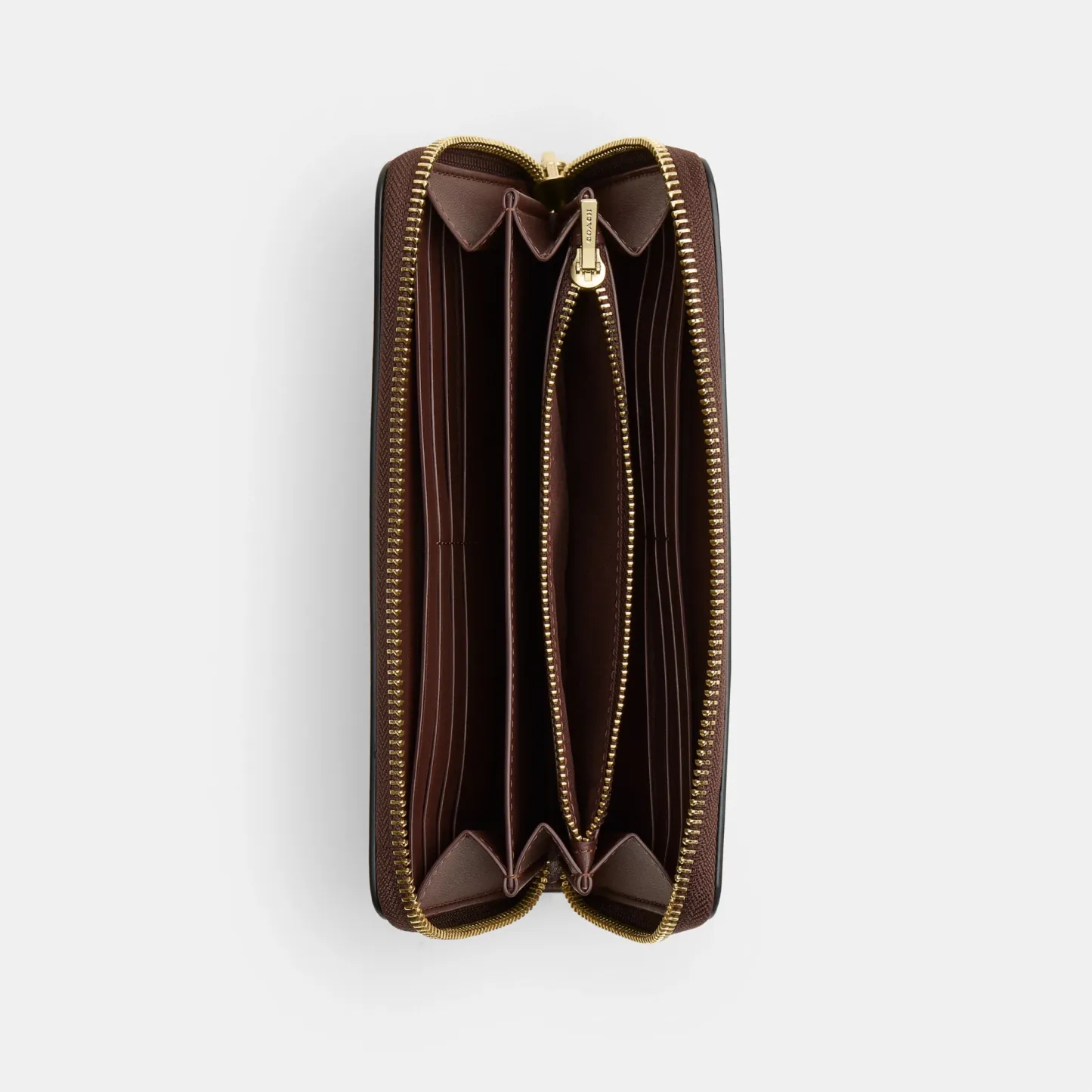 COACH®,Long Zip Around Wallet,Leather,Wristlet,Continental,Logo,Metal,Casual,Brown,Inside View,Top View