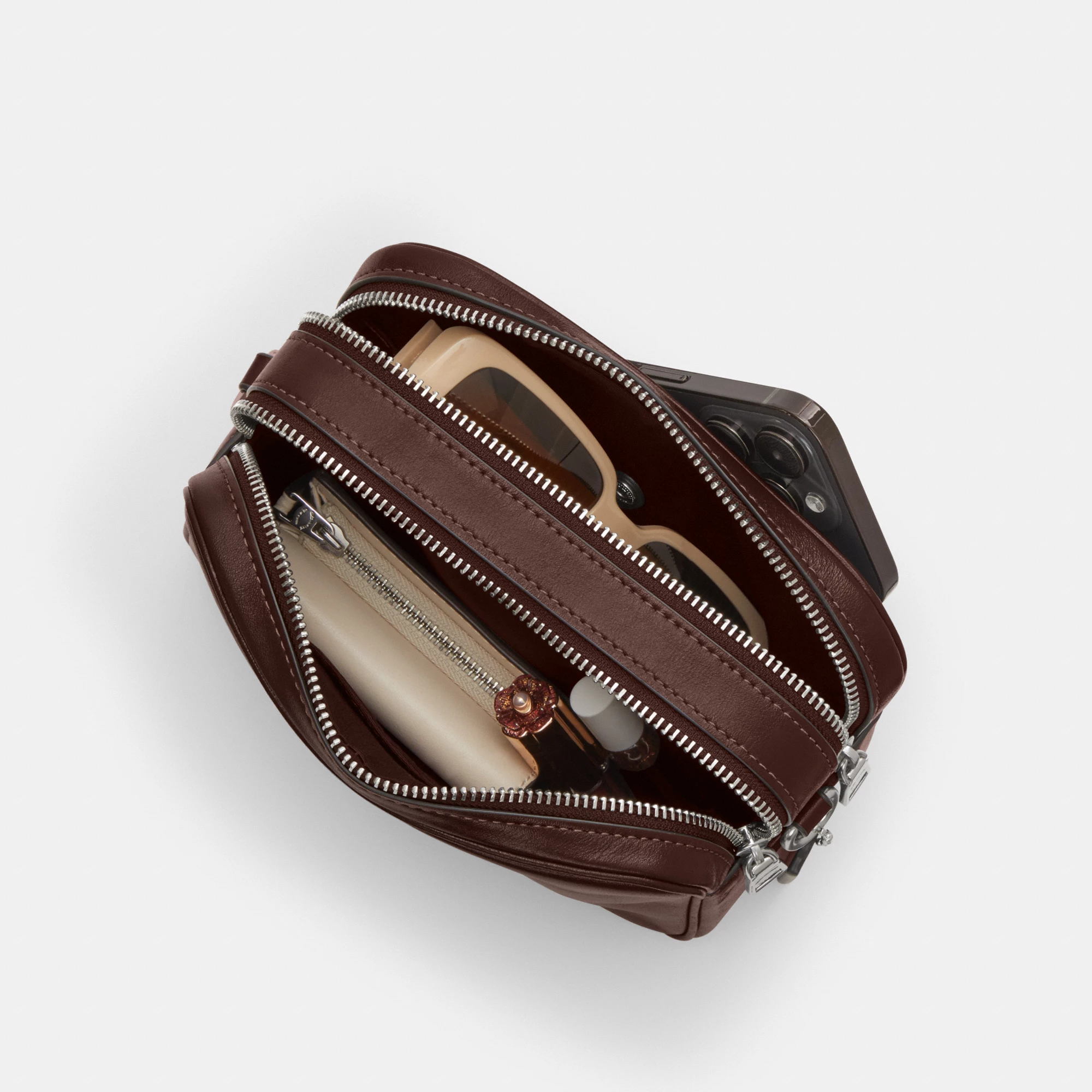 COACH®,Mini Carey Crossbody Bag,Leather,Recycled Polyester,Crossbody,Logo,Metal,Casual,Brown,Inside View,Top View