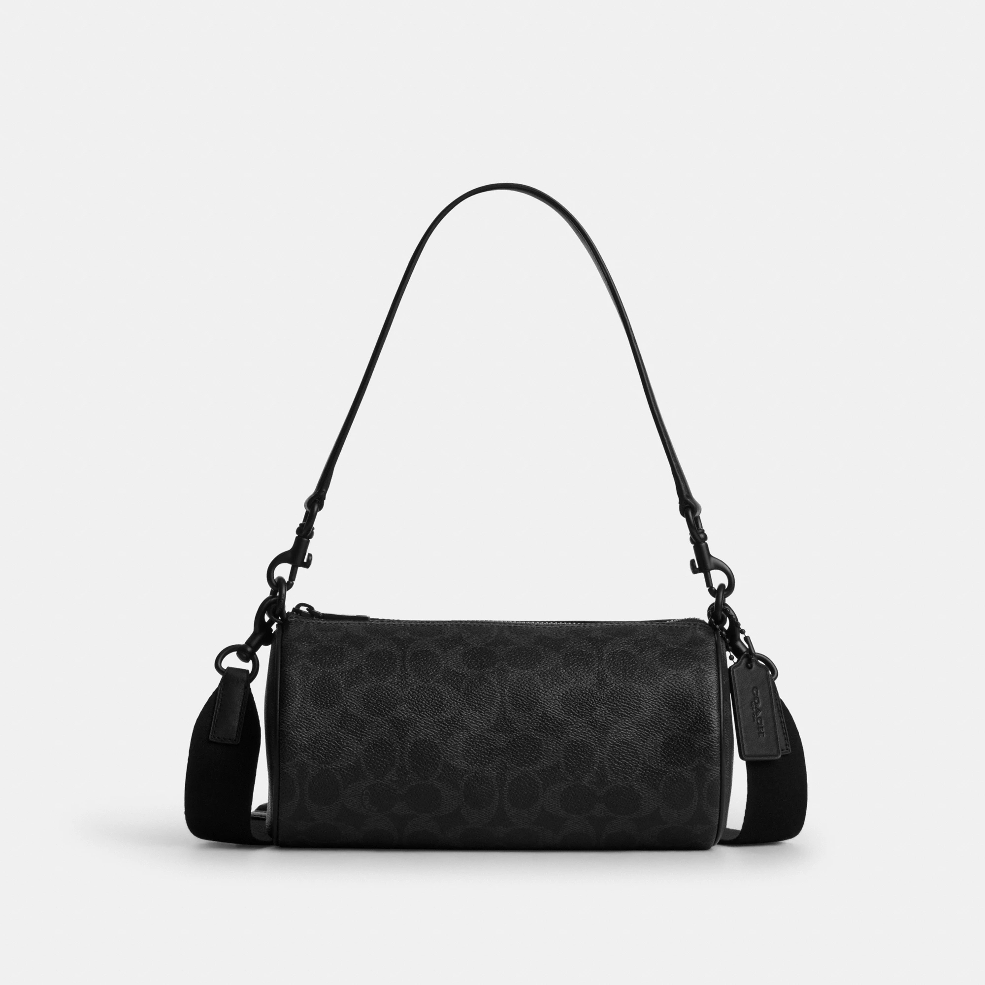 COACH®,Andre Barrel Bag 24 In Signature Canvas,Leather,Canvas,Recycled Polyester,Barrel Bag,Pattern,Logo,Water Resistant,C...,Black,Front View