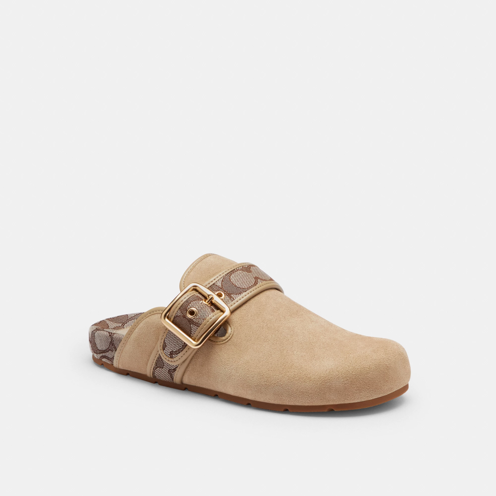 COACH®,Archival Buckle Clog,Rubber,Suede,Clogs,Fabric,Word Embellishment,Logo,Padded Insole,Sustainable,Traction,Cushioned...,Beige,Front View