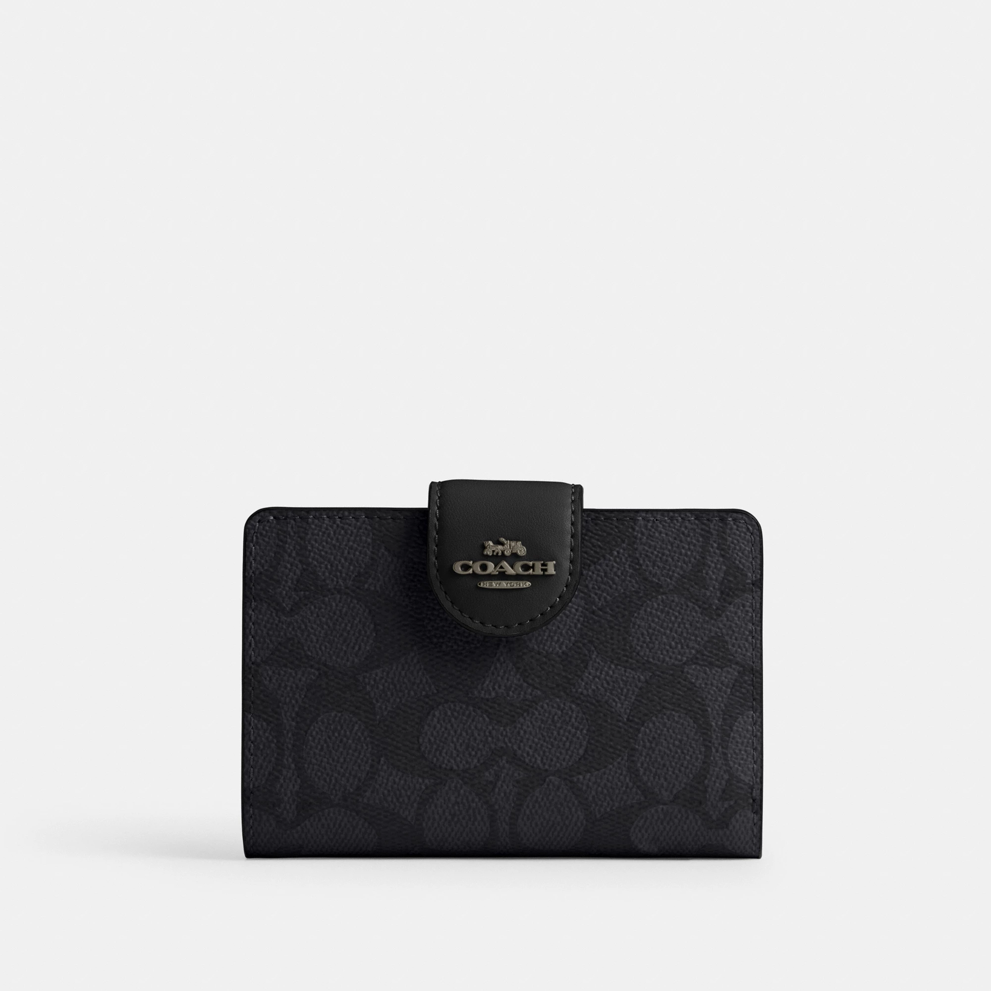 COACH®,Medium Corner Zip Wallet In Signature Canvas,Bi Fold,Coin,Sustainable,Casual,Black,Front View