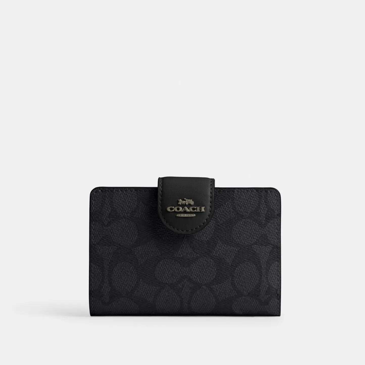COACH®,Medium Corner Zip Wallet In Signature Canvas,Bi Fold,Coin,Sustainable,Casual,Black,Front View
