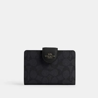 COACH®,Medium Corner Zip Wallet In Signature Canvas,Bi Fold,Coin,Sustainable,Casual,Black,Front View