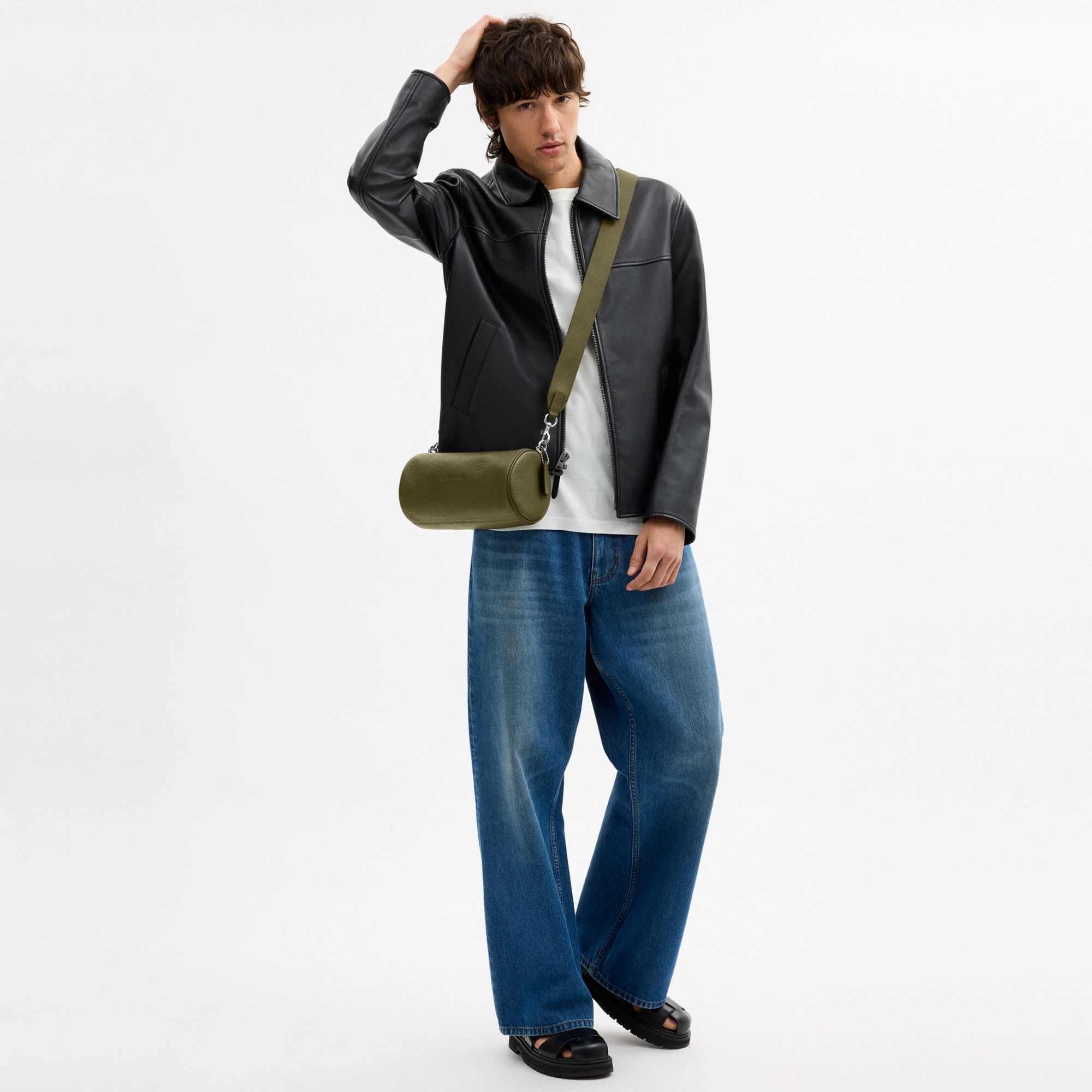 COACH®,Andre Barrel Bag 24,Recycled Polyester,Leather,Barrel Bag,Logo,Adjustable,Sustainable,Silver Metal,Casual,Olive,Detail View