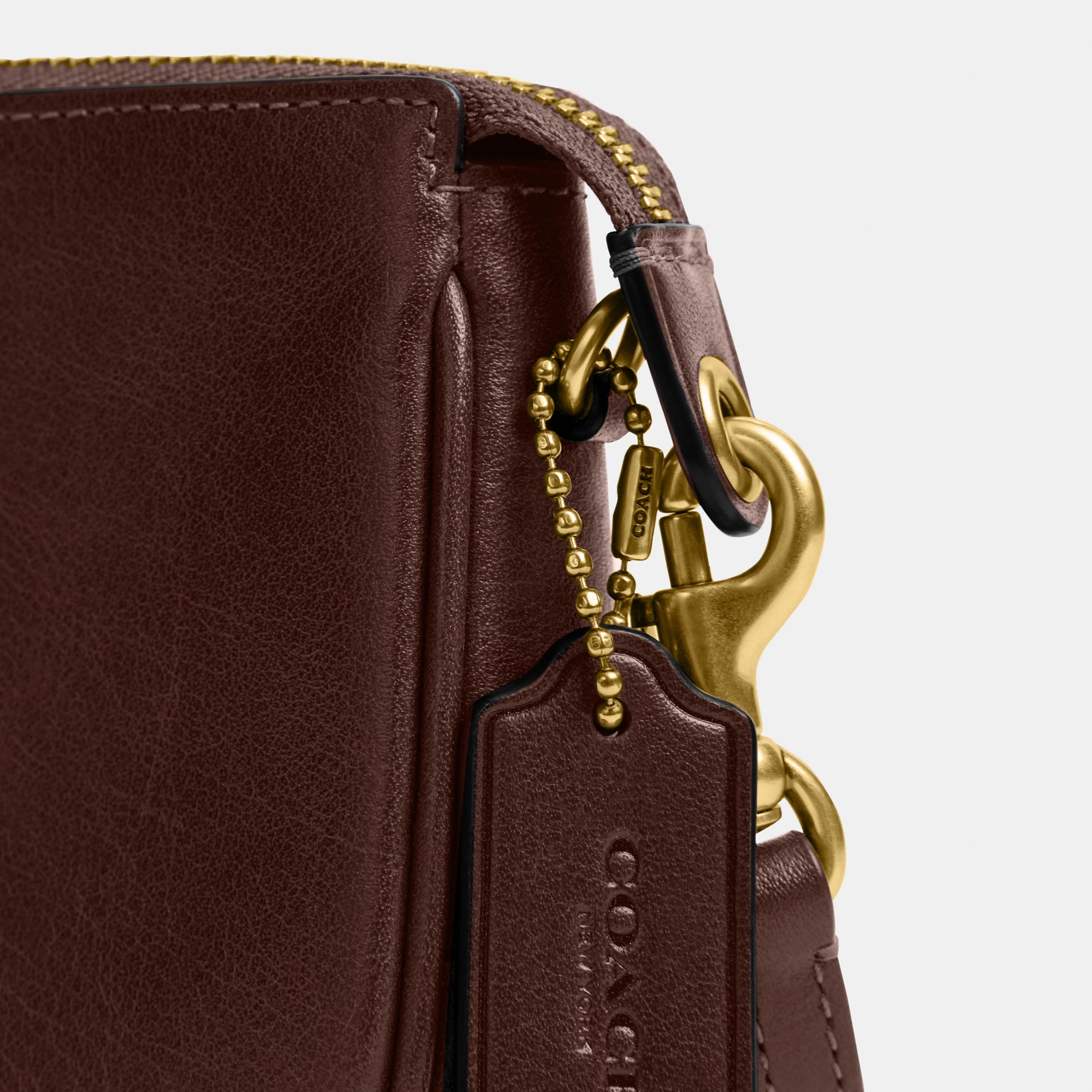 COACH®,Plaza Bag 18,Leather,Shoulder Bag,Compact,Lined,Adjustable,Brass,Gold Metal,Day Party,Brown,Closer View