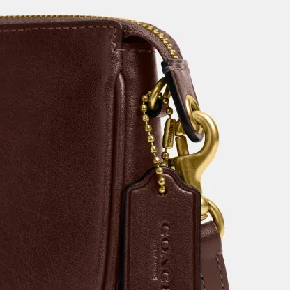 COACH®,Plaza Bag 18,Leather,Shoulder Bag,Compact,Lined,Adjustable,Brass,Gold Metal,Day Party,Brown,Closer View