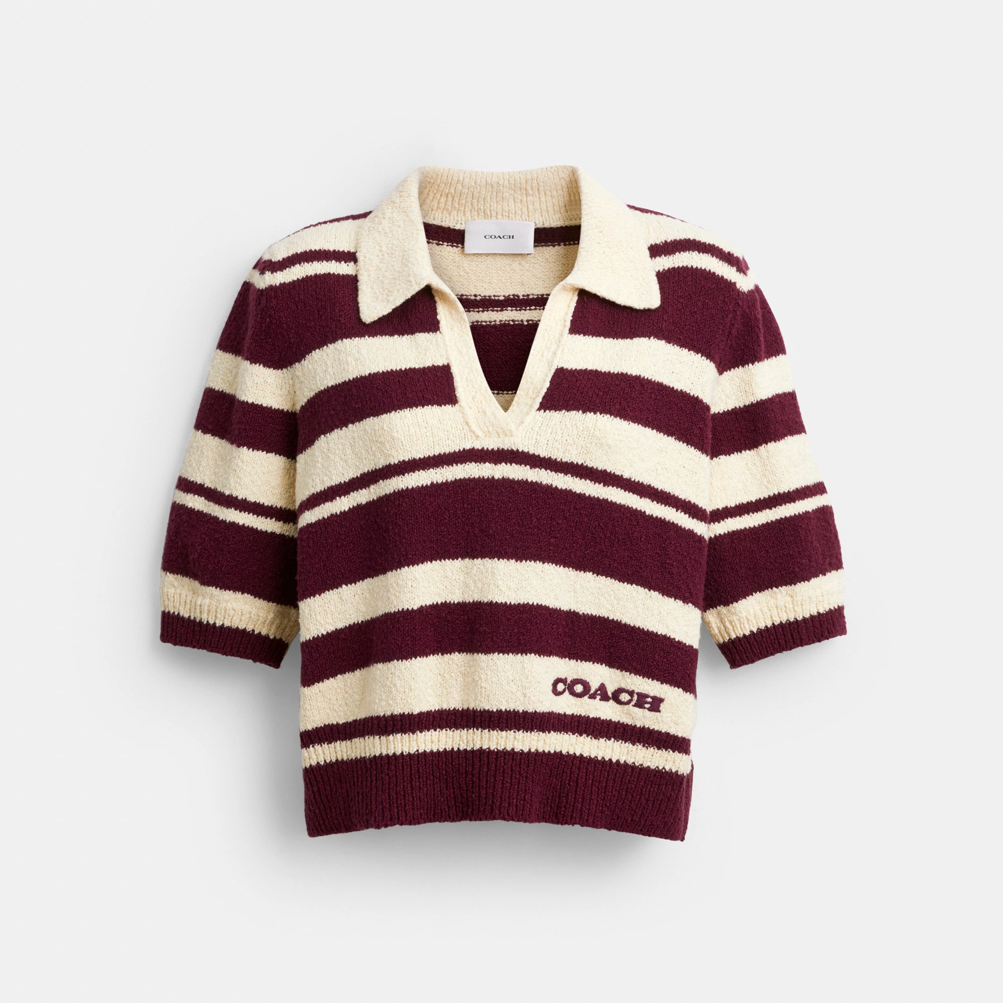 COACH®,Striped Knit Polo,Maroon,Front View