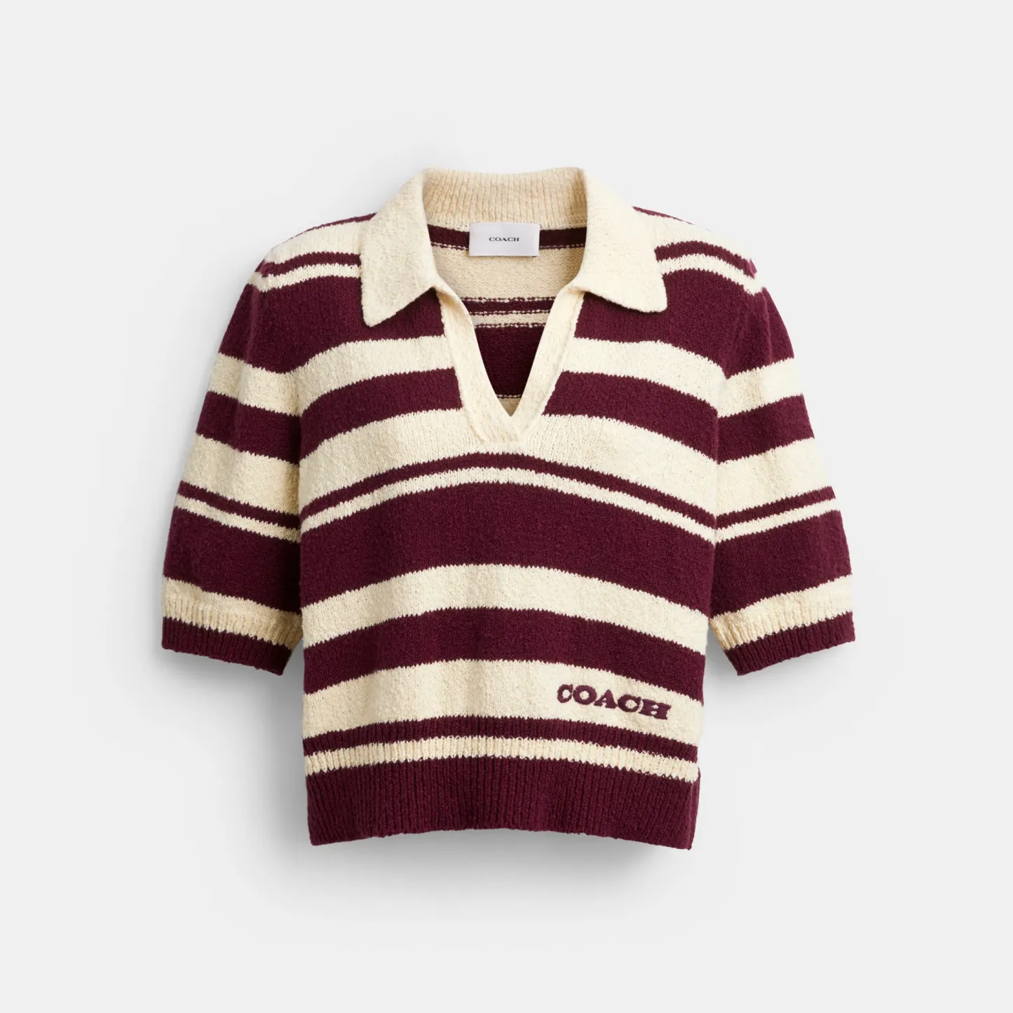 COACH®,Striped Knit Polo,Maroon,Front View