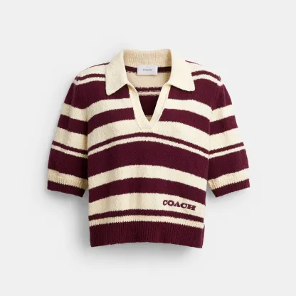 COACH®,Striped Knit Polo,Maroon,Front View