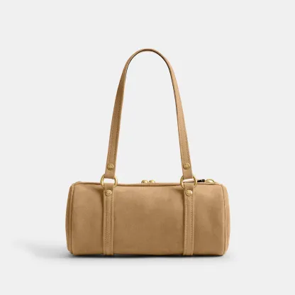 COACH®,Kisslock Barrel Bag 28,Lining Cotton,Suede,Leather,Barrel Bag,Pendant,Sustainable,Compact,Brass,Day Party,Beige,Back View