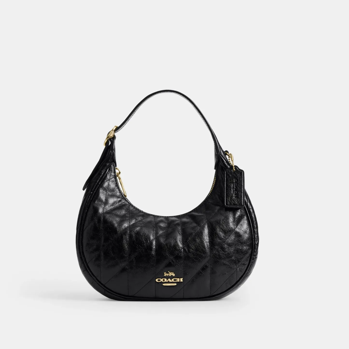 COACH®,Emily Shoulder Bag With Quilting,Recycled Polyester,Leather,Hobo,Pendant,Metal,Sustainable,Adjustable,Gold Metal,Da...,Black,Front View
