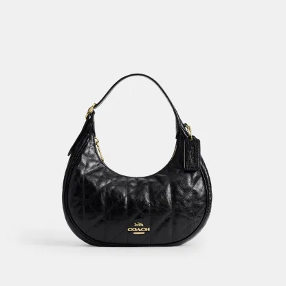 COACH®,Emily Shoulder Bag With Quilting,Recycled Polyester,Leather,Hobo,Pendant,Metal,Sustainable,Adjustable,Gold Metal,Da...,Black,Front View