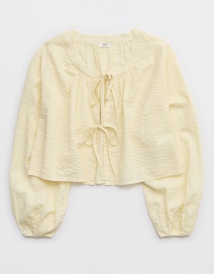 Aerie Seersucker Long Sleeve Volume Tie Top - Cozy Yellow